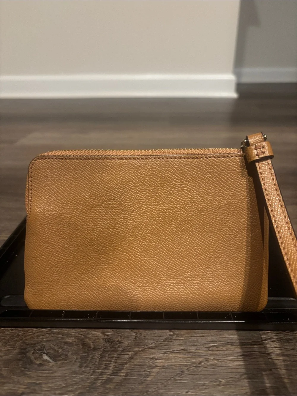 Coach Tan Pebbled Leather Wristlet with Gold Logo